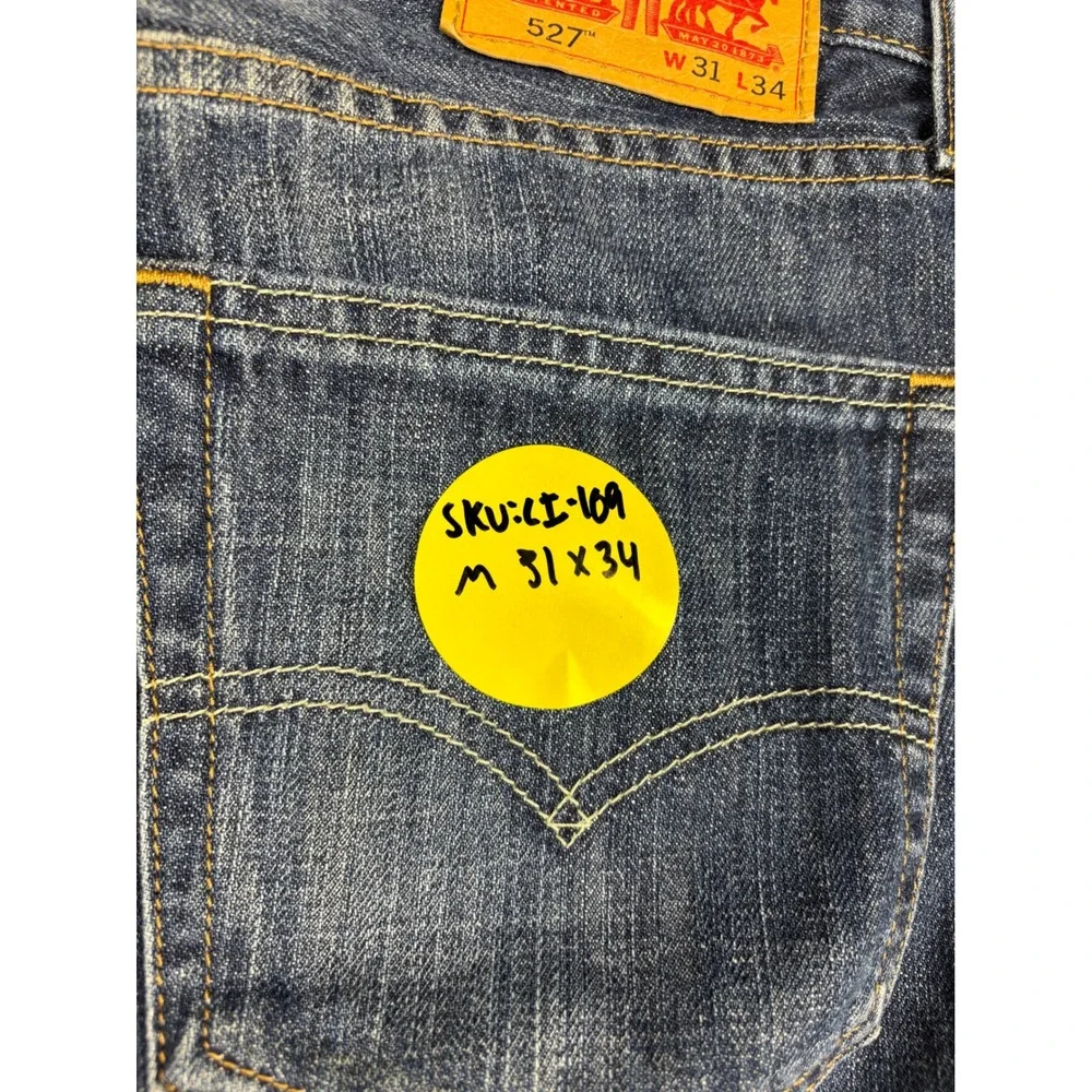 Levis 527 Bootcut Mens 31x34 Slim Jeans Grainy Dark Washed Denim Grungy Fade